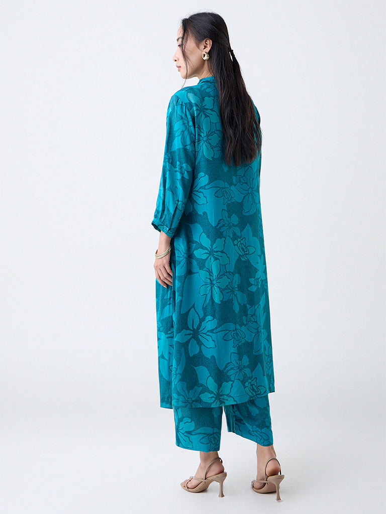 Utsa Teal Floral Printed Cotton A-Line Kurta