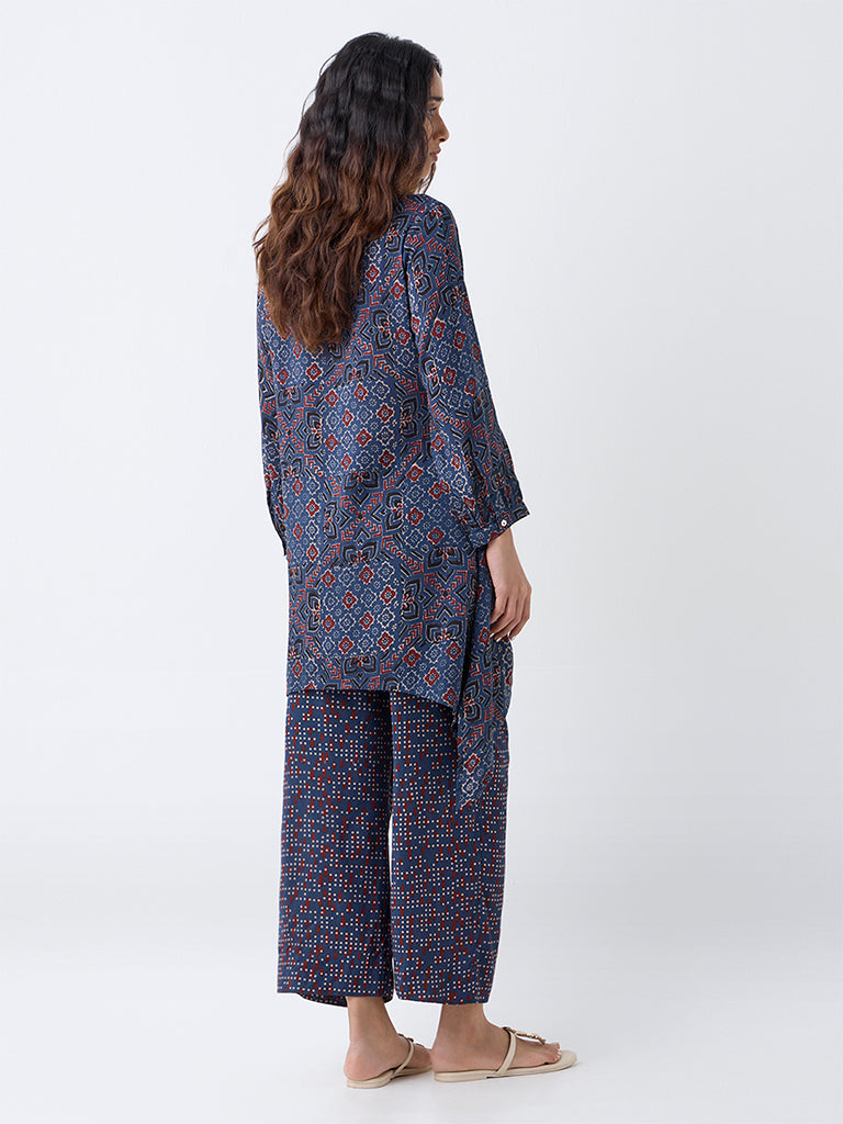 Utsa Indigo Geometric Pattern A-Line Cotton Kurta