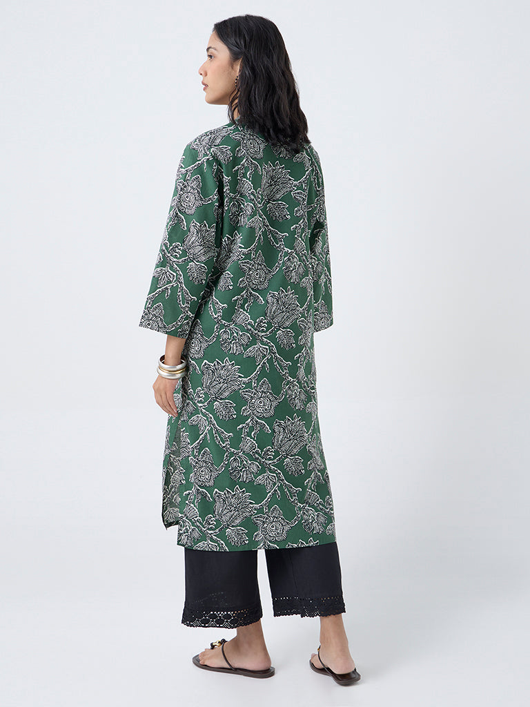 Utsa Dark Green Botanical Pattern Cotton Straight Kurta