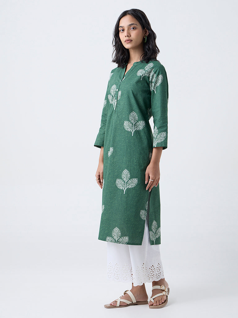 Utsa Green Leaf Design Straight Cotton Kurta