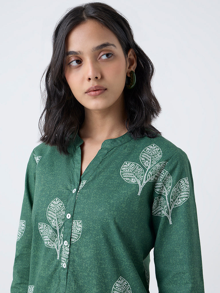 Utsa Green Leaf Design Straight Cotton Kurta