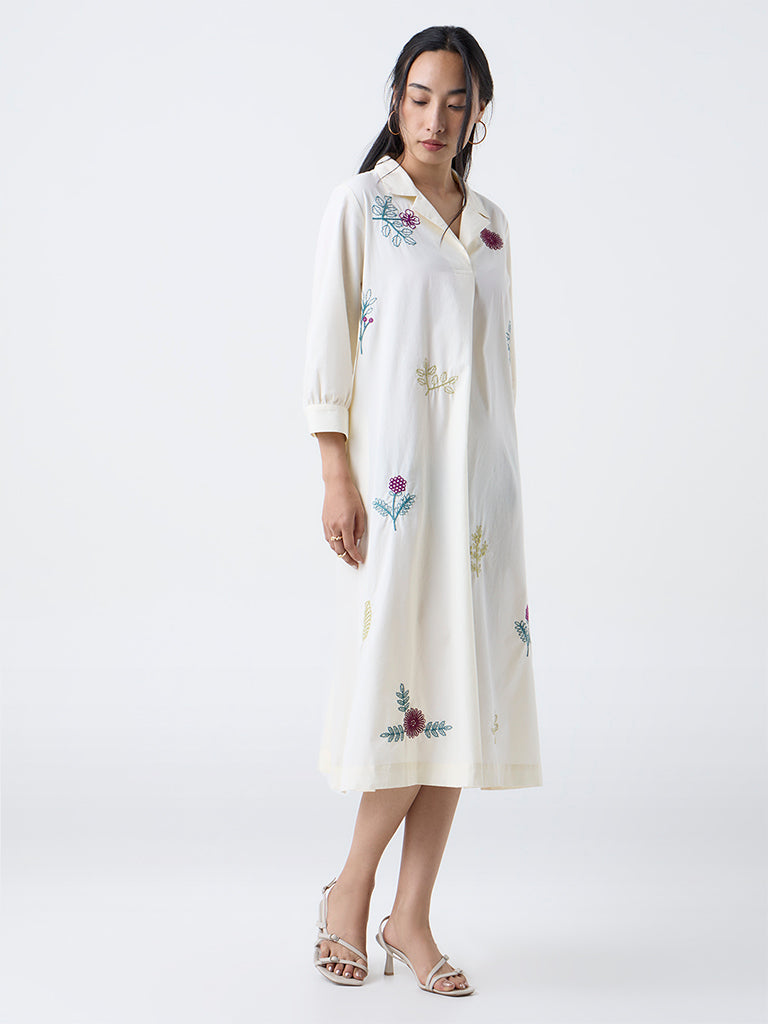 Utsa Cream Floral Embroidered Cotton Shirt Dress
