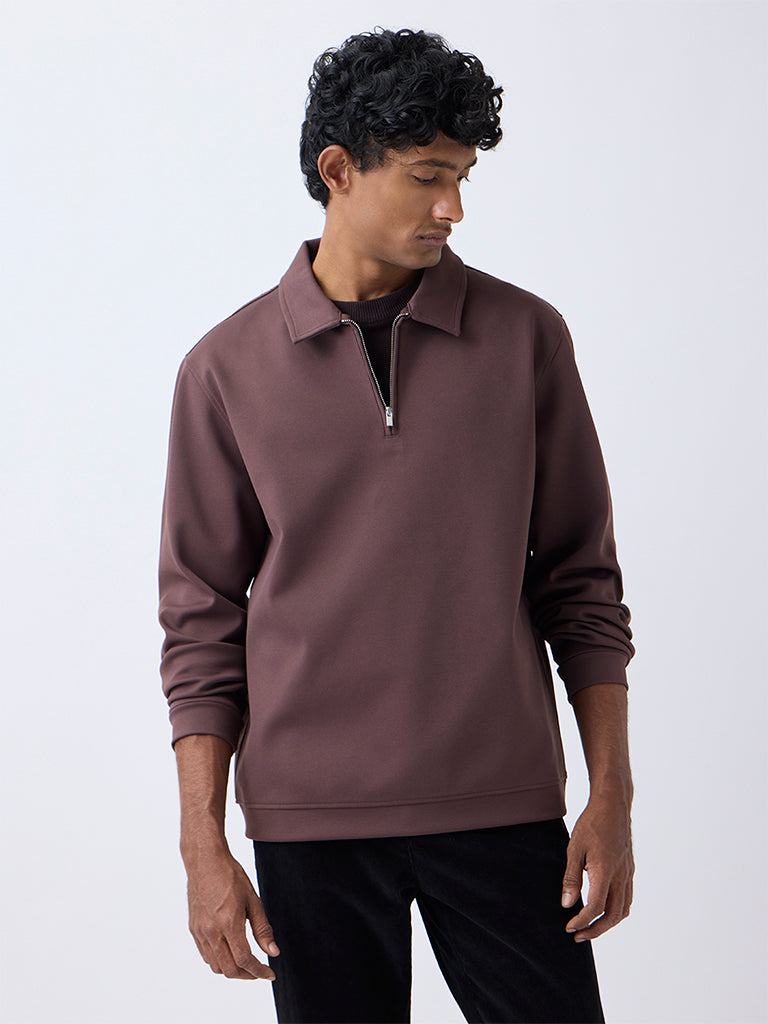 WES Casuals Brown Relaxed-Fit Quarter-Zip Sweatshirt