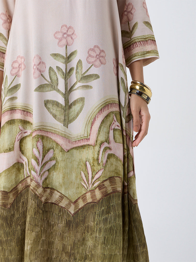 Utsa Beige Floral Pattern A-Line Kurta