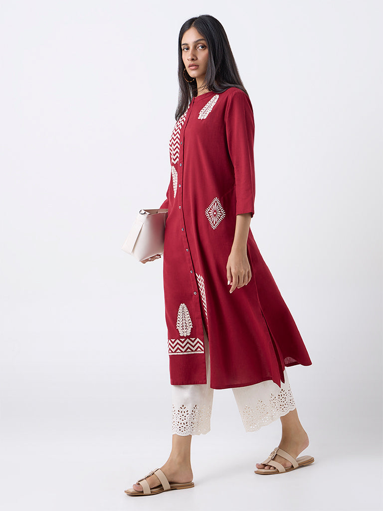 Utsa Red Embroidered Cotton-Blend A-Line Kurta