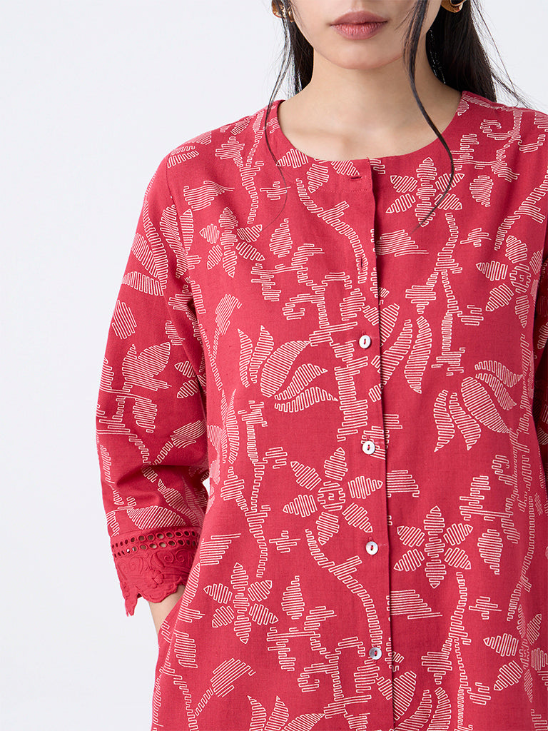 Utsa Red Floral Detailed Cotton-Blend A-Line Kurta