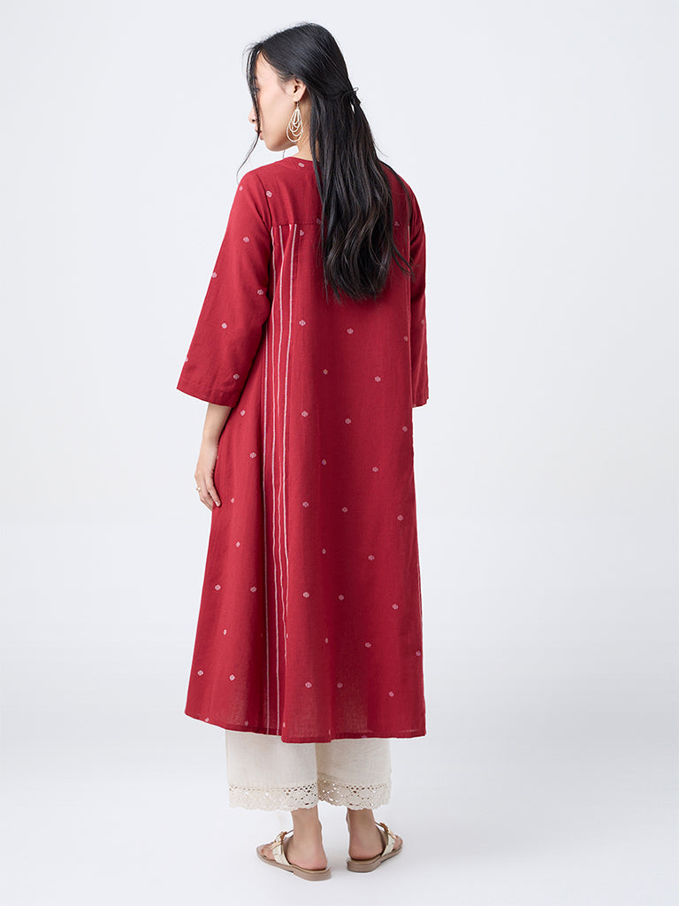 Utsa Red Jamdani Embroidered Cotton-Blend A-Line Kurta