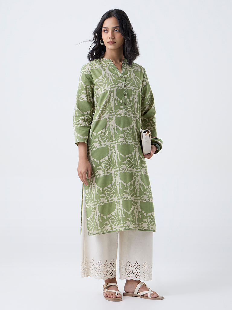 Utsa Green Printed Cotton Straight Kurta