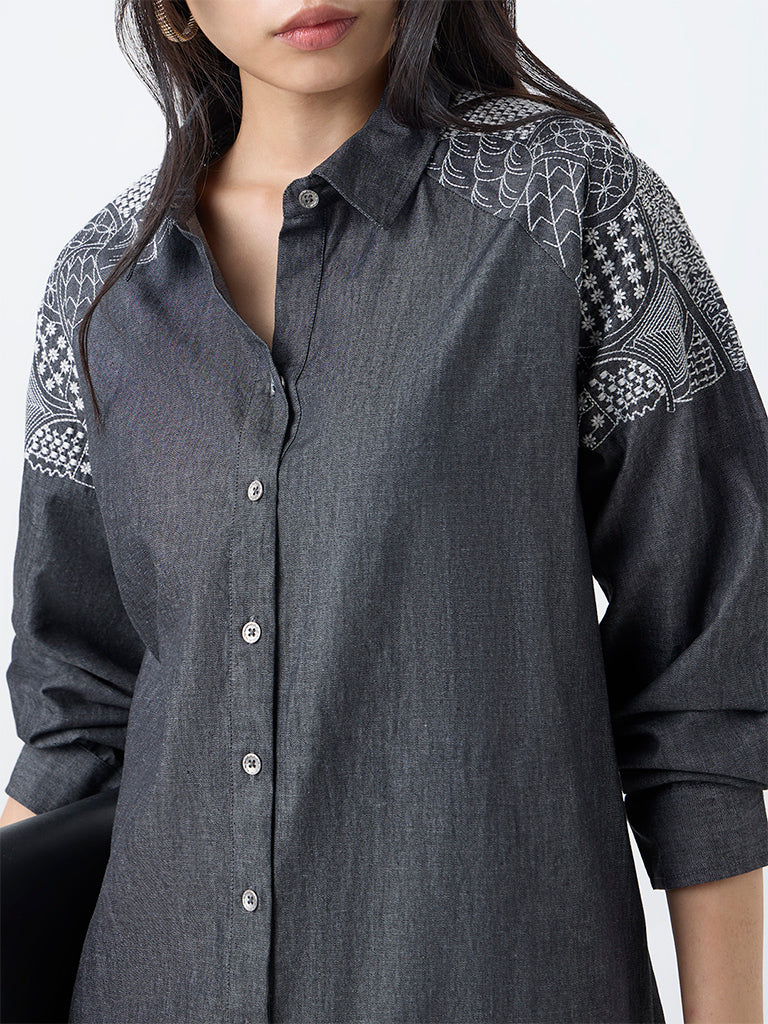 Utsa Black Embroidered Denim A-Line Kurta