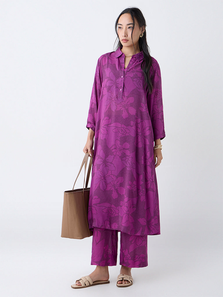 Utsa Plum Floral Design Cotton Ethnic Pants
