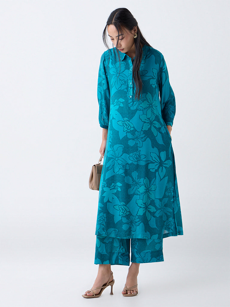 Utsa Teal Floral Pattern Cotton Ethnic Pants