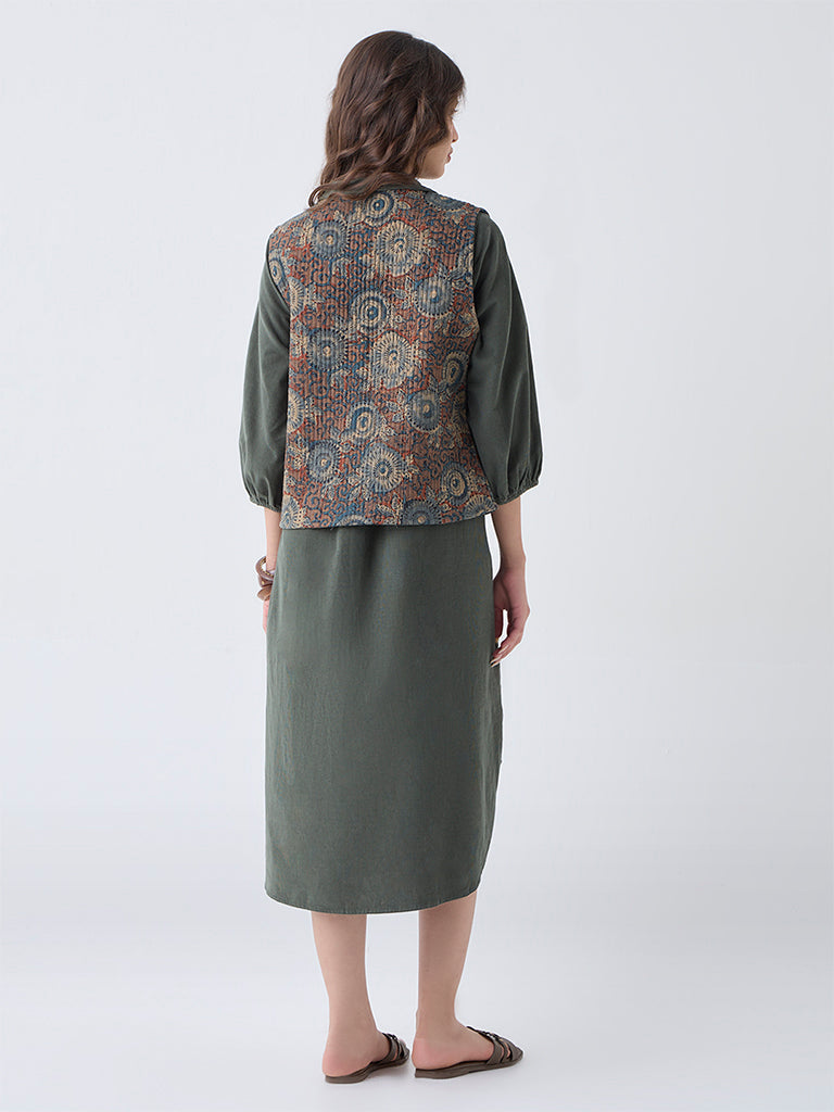 Utsa Olive Printed Reversible Cotton Jacket
