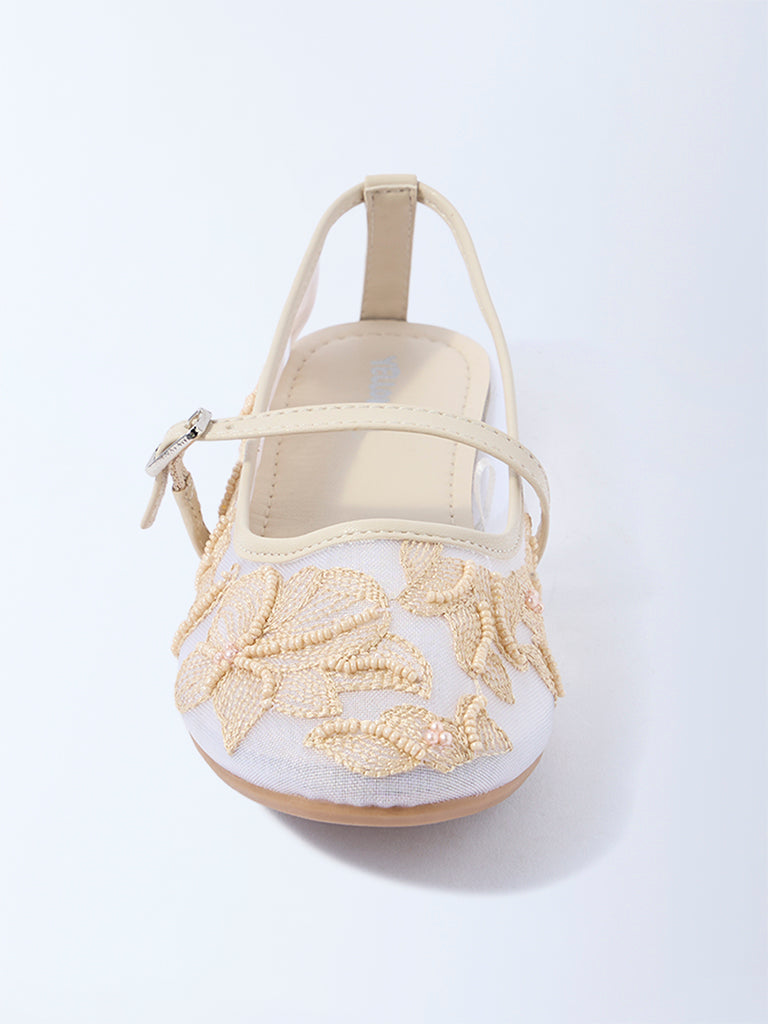 Yellow Beige Floral Embroidered Mary Jane Shoes