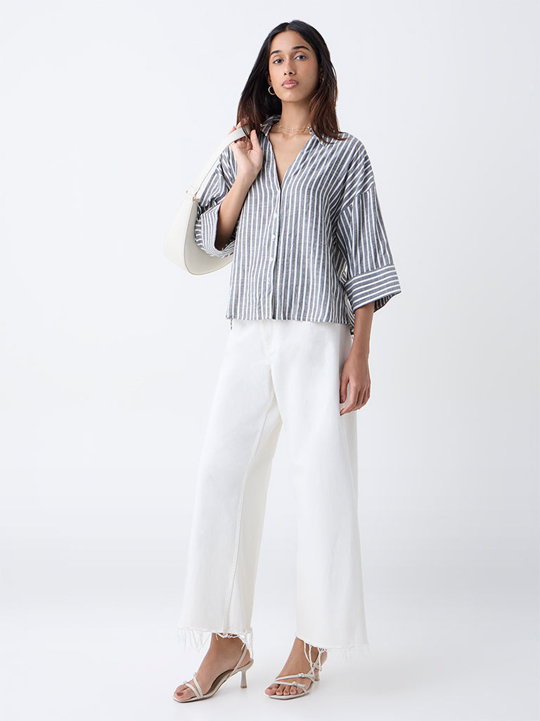 LOV Grey Stripe Printed Blouse