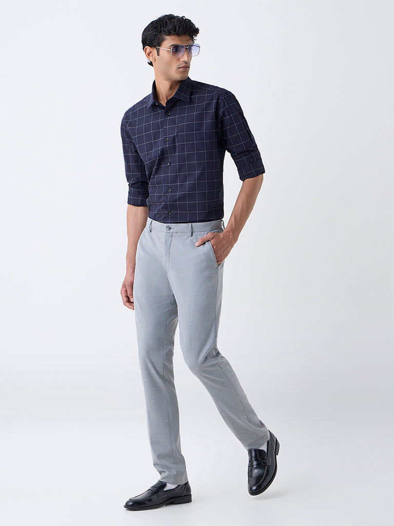 WES Formals Dark Navy Checks Design Relaxed-Fit Cotton Shirt