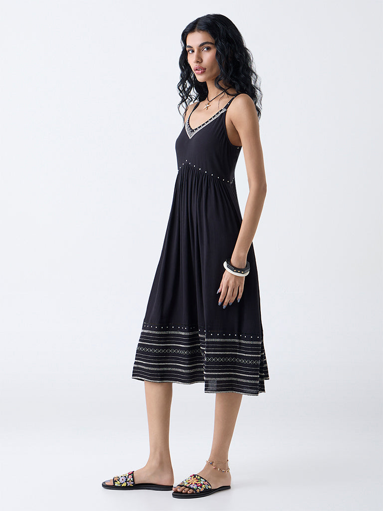 Bombay Paisley Black Embroidered A-Line Dress