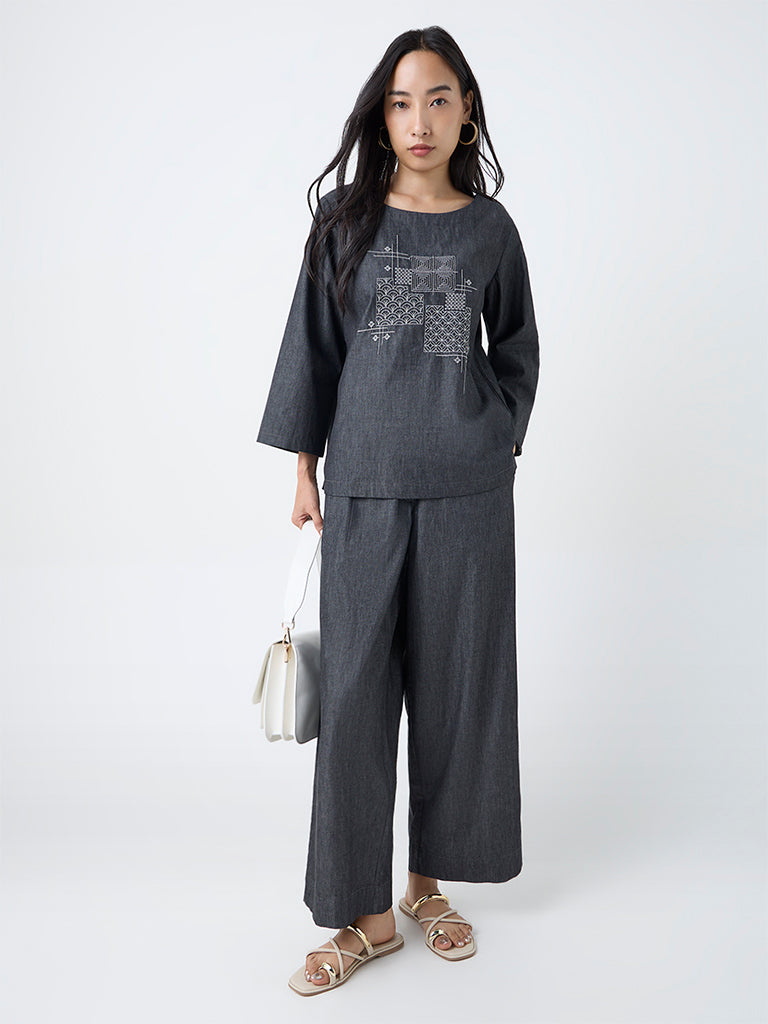 Utsa Black Embroidered Denim Tunic