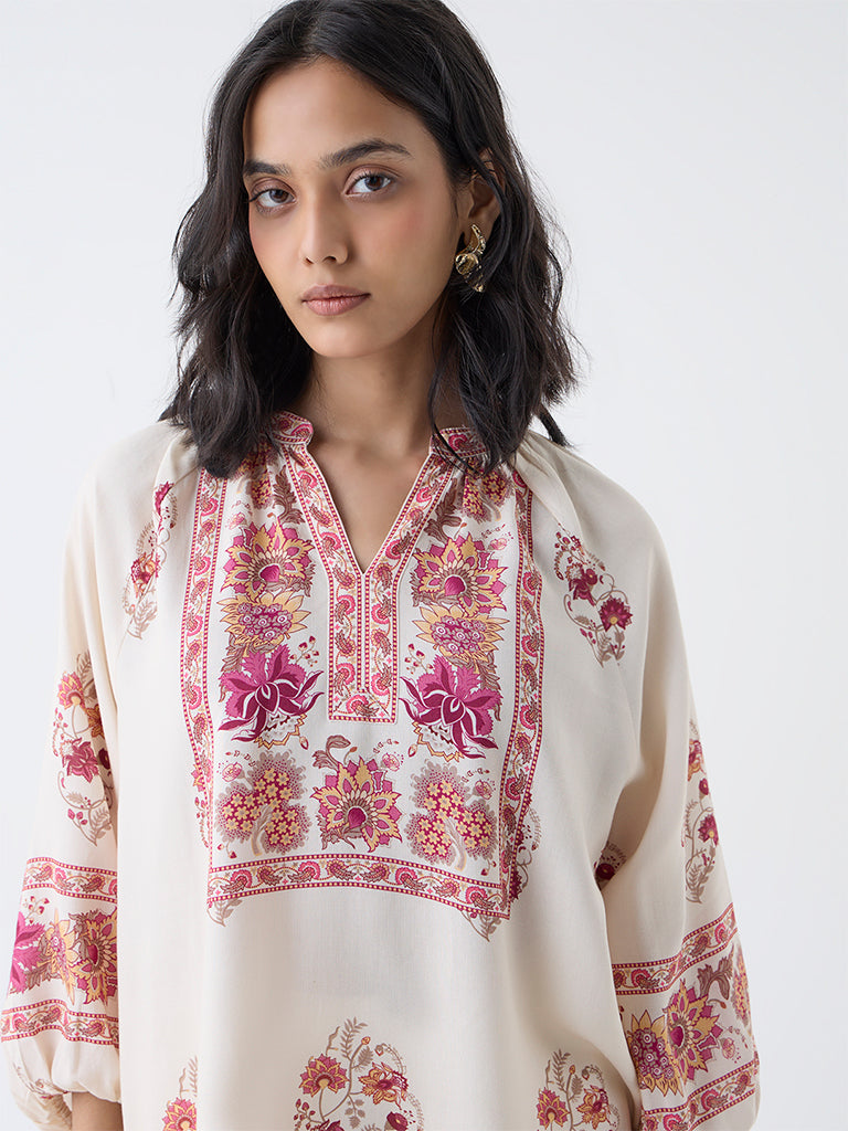 Utsa Off-White Floral Printed Tunic