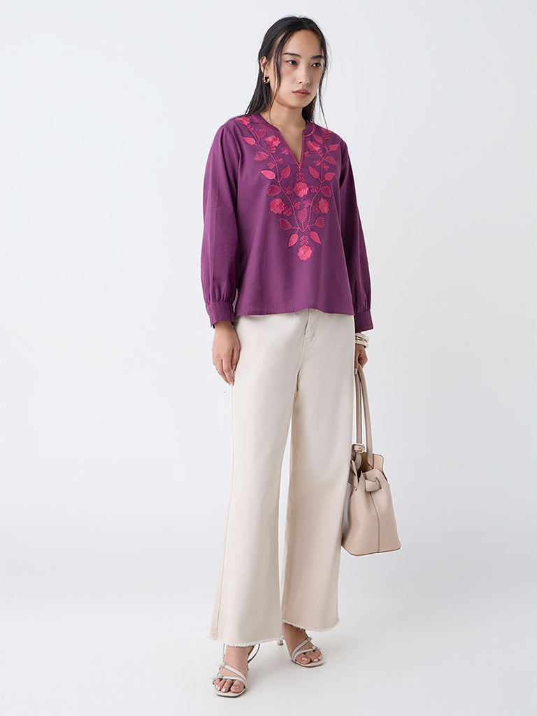 Utsa Plum Botanical Embroidered Cotton-Blend Top