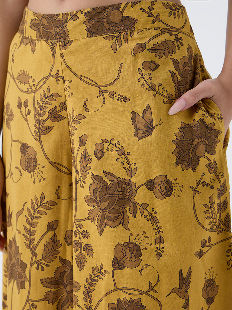 Utsa Mustard Botanical Design Cotton-Blend Palazzos