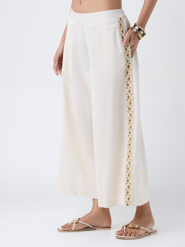 Utsa Beige Embroidered Cotton-Blend Palazzos