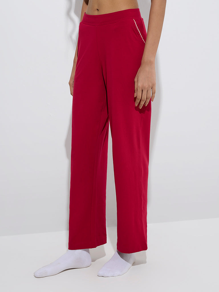 Superstar Red Ribbed High-Rise Cotton-Blend Pants