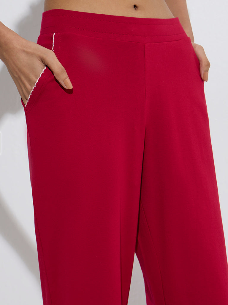 Superstar Red Ribbed High-Rise Cotton-Blend Pants