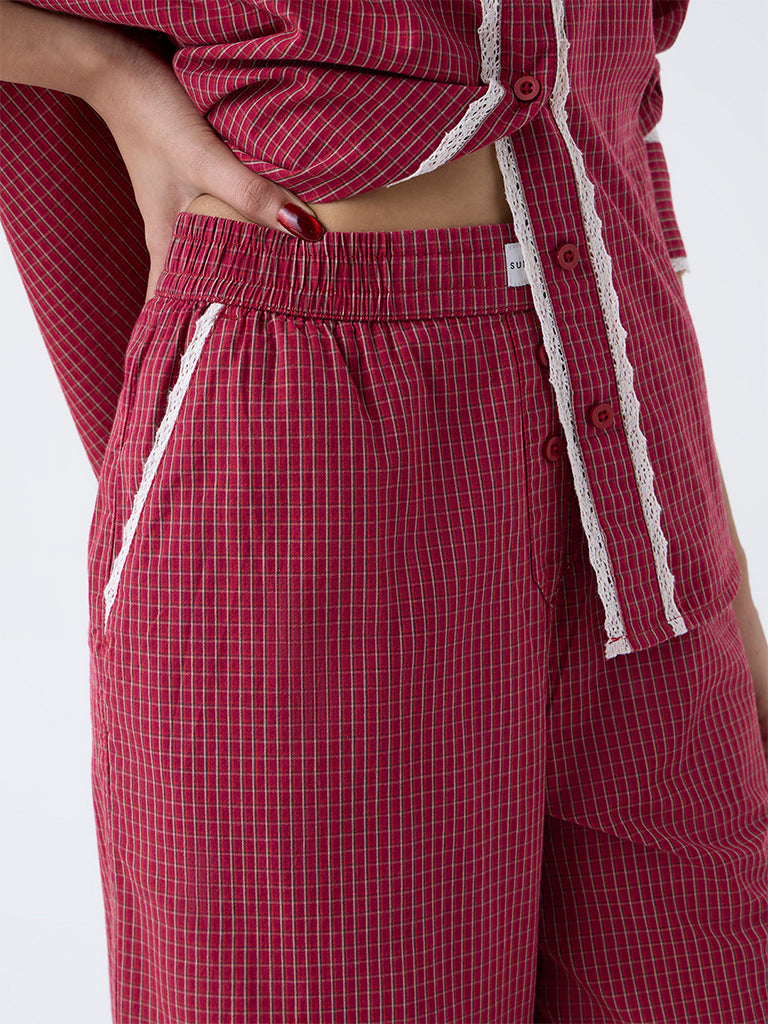 Superstar Red Checkered High-Rise Cotton Pants