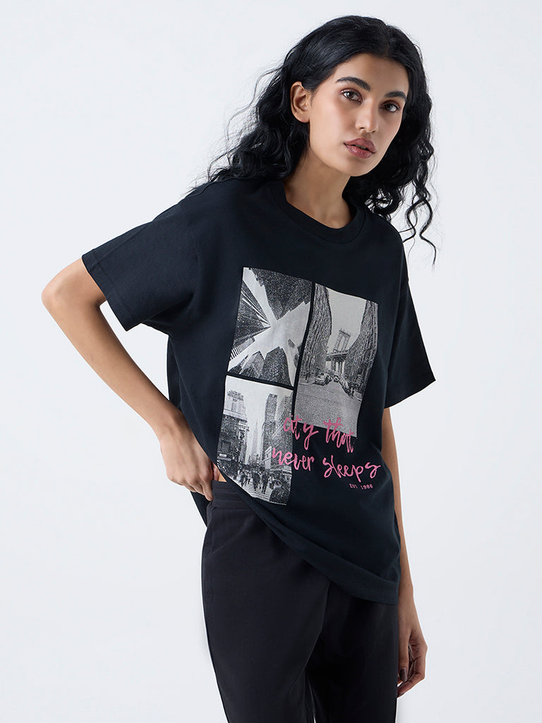 Superstar Black Cityscape-Inspired Cotton T-Shirt