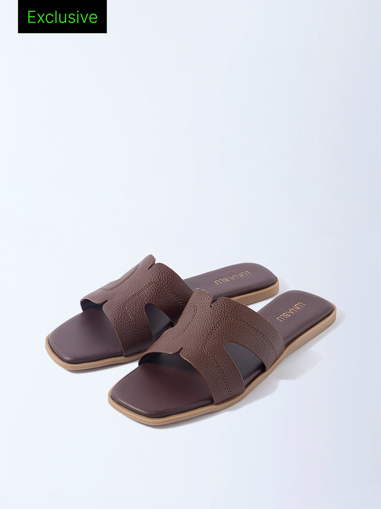 LUNA BLU Dark Brown Stitch-Detailed Slides - Exclusive