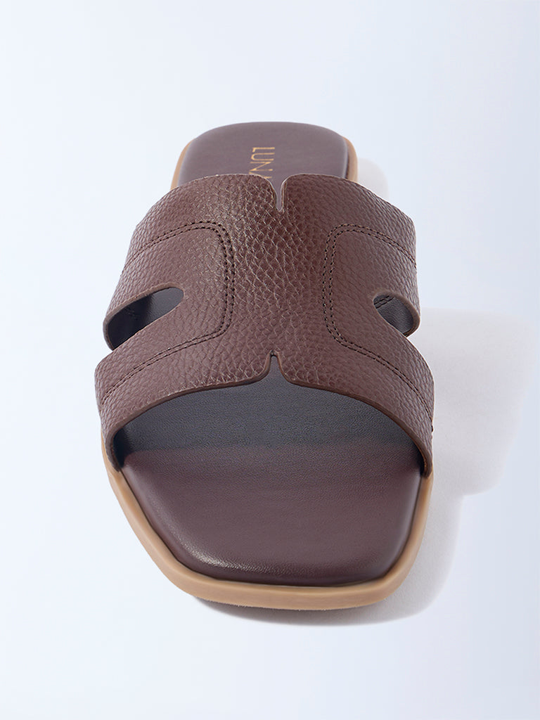 LUNA BLU Dark Brown Stitch-Detailed Slides - Exclusive