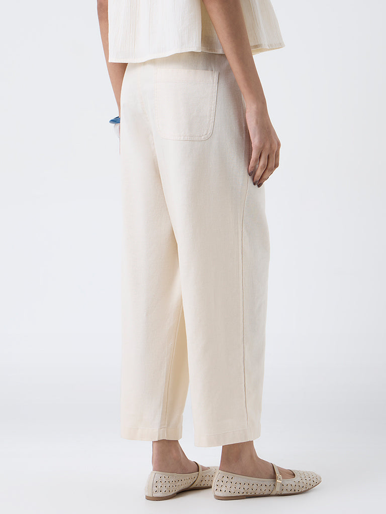Bombay Paisley Off-White Solid Cotton-Blend Pants