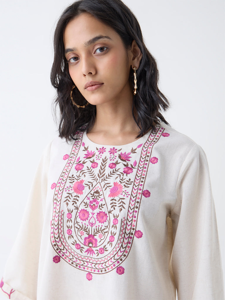 Utsa Off-White Floral Embroidered Cotton-Blend Tunic
