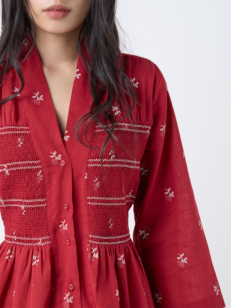 Utsa Red Embroidered Smocked Cotton Tunic