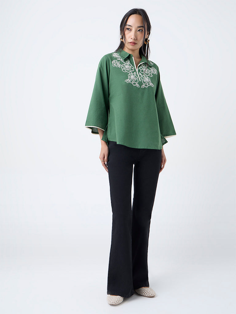 Utsa Green Floral Embroidered Cotton-Blend Tunic