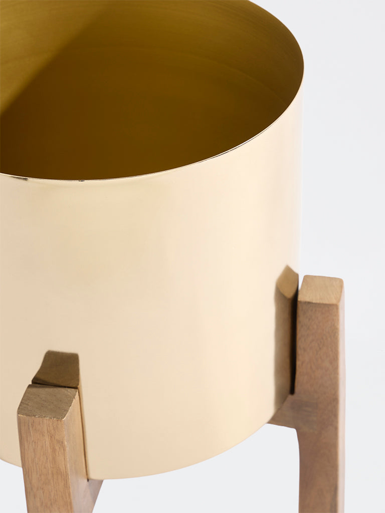Westside Home Gold Metal Pot on Wooden Stand - Small
