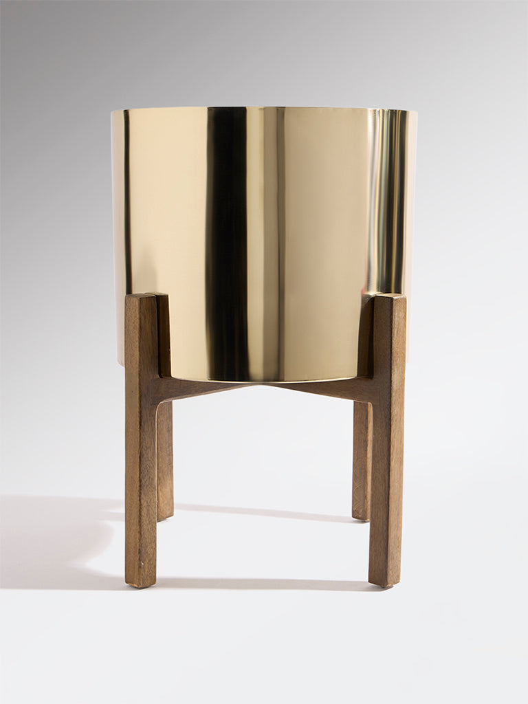 Westside Home Gold Metal Pot on Wooden Stand - Large