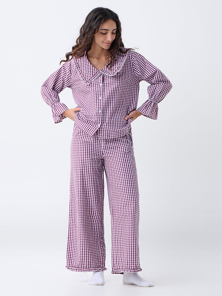 Wunderlove Plum Checkered Cotton-Blend Shirt and Pyjama Set