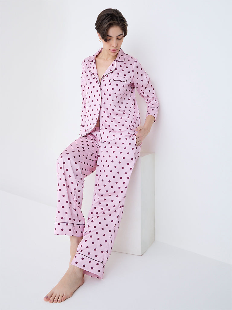 Wunderlove Pink Polka Dotted Satin Shirt with Pyjamas Set