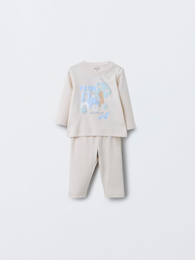 HOP Baby Boys Beige Embossed Cotton T-Shirt with Pants Set