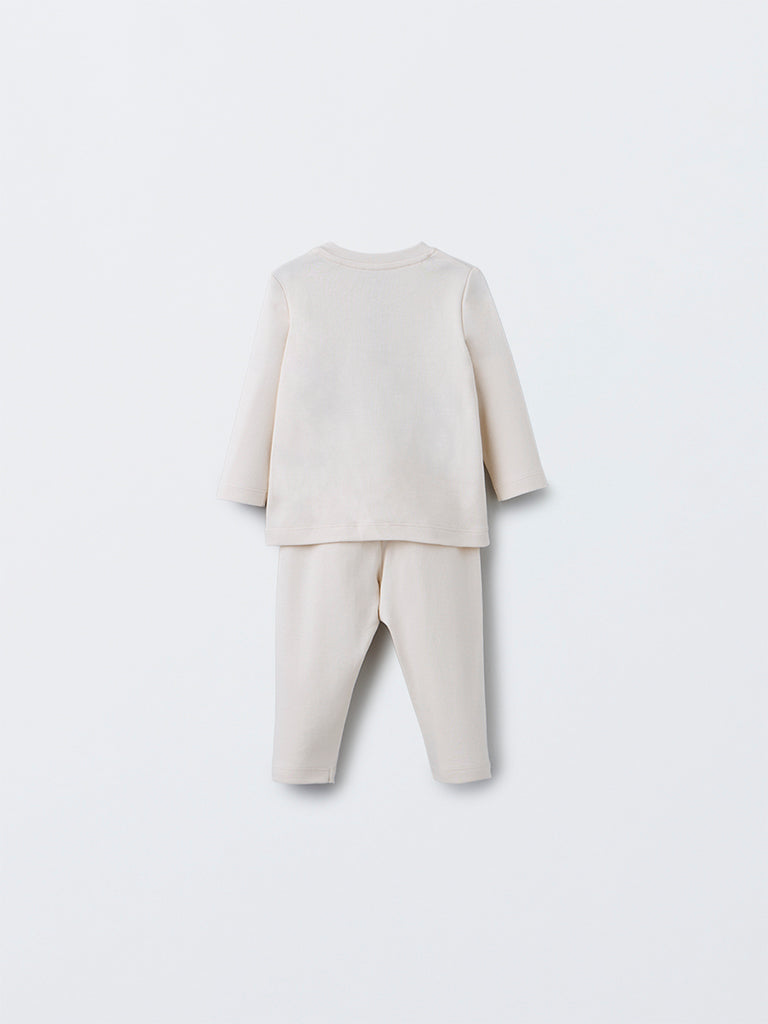 HOP Baby Boys Beige Embossed Cotton T-Shirt with Pants Set