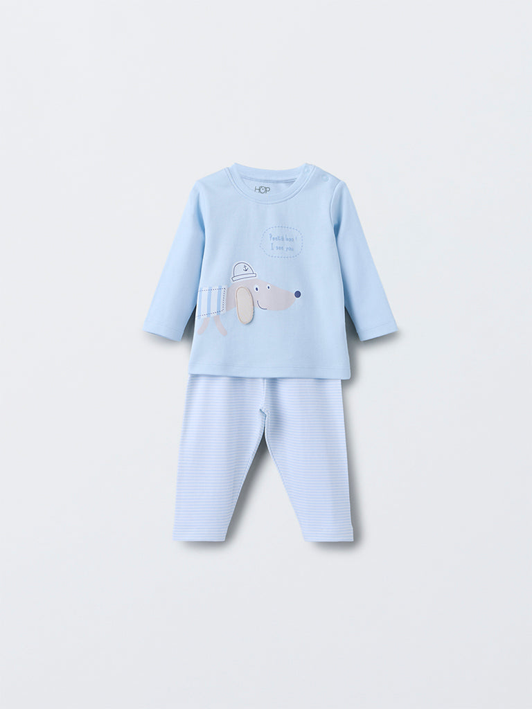 HOP Baby Boys Blue Animal Pattern Cotton T-Shirt with Pants Set