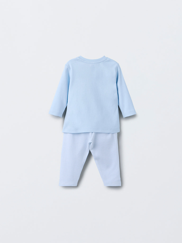 HOP Baby Boys Blue Animal Pattern Cotton T-Shirt with Pants Set