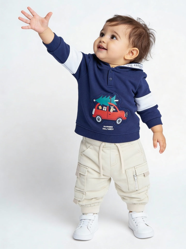 HOP Baby Boys Navy Printed Hooded Cotton Sweatshirt