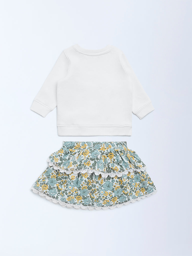 HOP Baby Girls White Printed Cotton-Blend Sweatshirt and Skirt Set