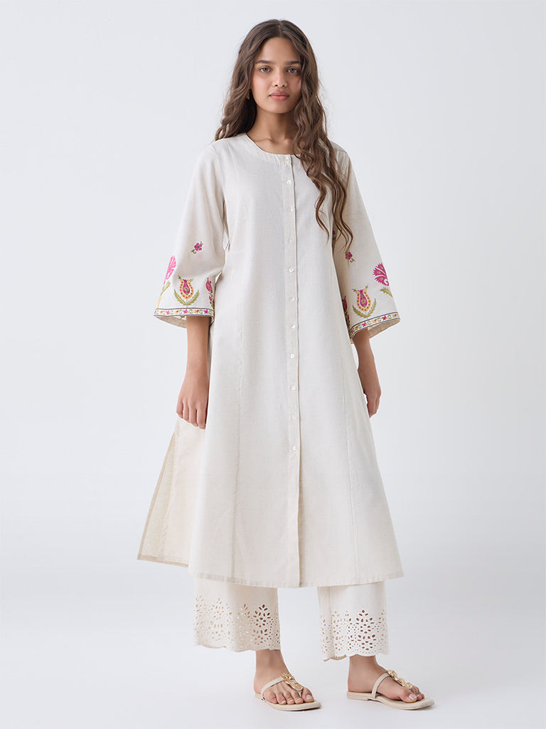 Utsa Off-White Embroidered Cotton-Blend A-Line Kurta