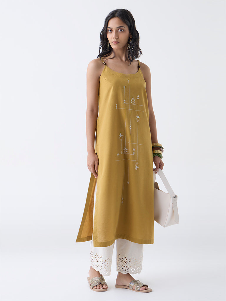 Utsa Mustard Embroidered Cotton-Blend A-Line Kurta