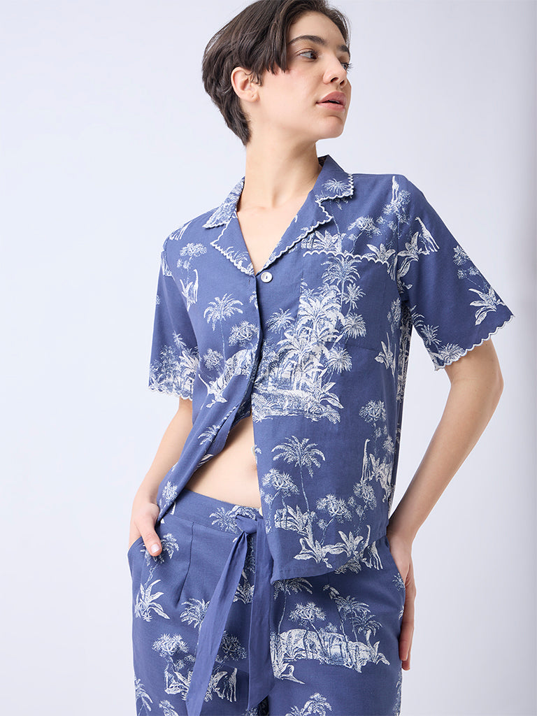 Wunderlove Dusty Blue Cotton Shirt and Pyjama Set