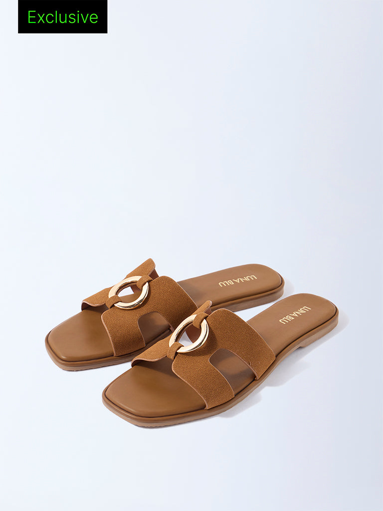 LUNA BLU Tan Buckle-Detailed Suede Slides - Exclusive