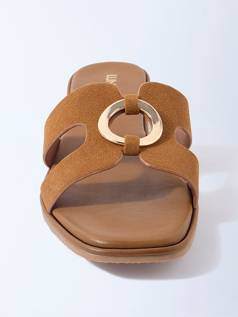 LUNA BLU Tan Buckle-Detailed Suede Slides - Exclusive